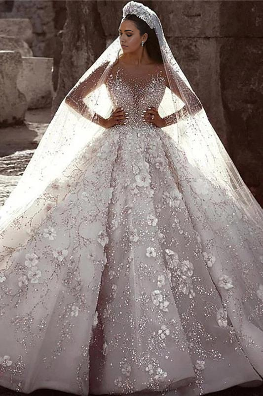Impresionante vestido de novia largo de manga larga con flores 3D en forma de A